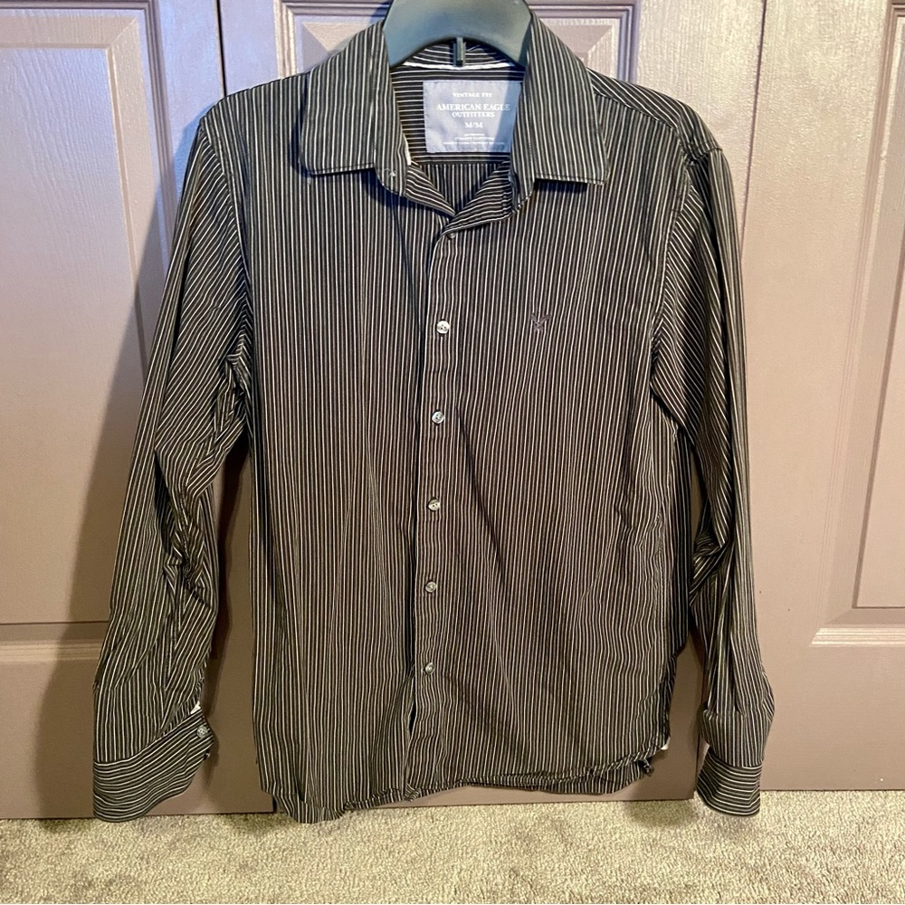 American Eagle Outfitters Black w/White Striped Men's Cotton Shirt Size Medium